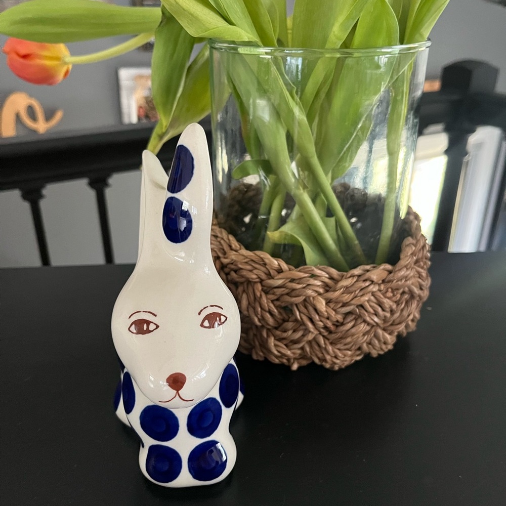 Boleslawiec Polish Pottery White Blue Polka Dot Bunny Figurine - Home Art